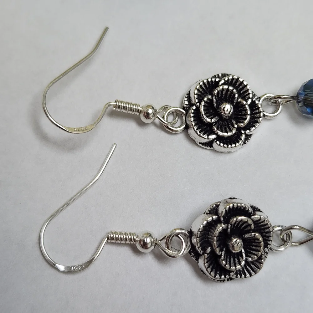 Hand Crafted Dangle Earrings With AB Crystals And Silver Toned Flowers - Picture 5 of 7